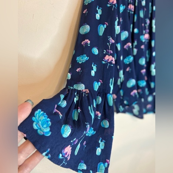 Roper~Navy Cactus Print Peasant Blouse~Empire Waist~Sheer Bell Sleeves~Size S - Picture 7 of 11